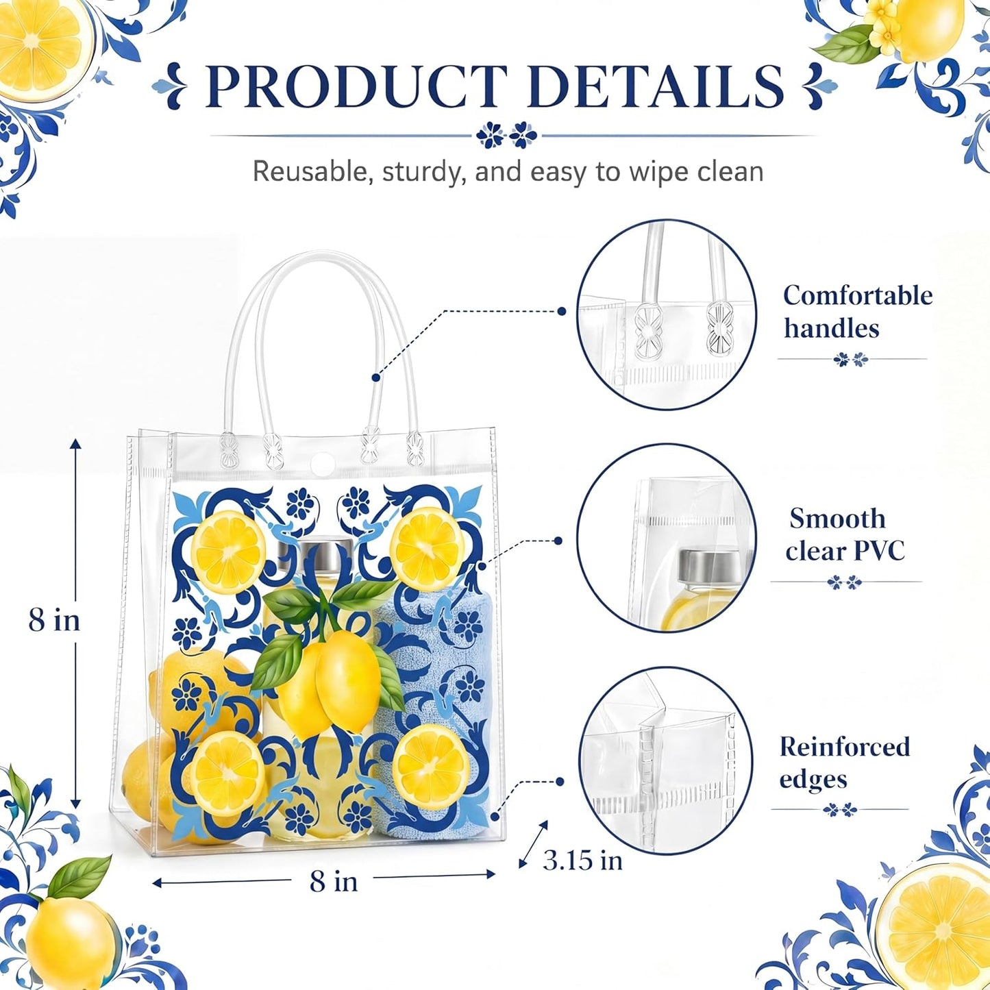 24 Pcs Capri Lemon Party Gift Bags Clear Blue Tiles Lemon Goodie Bags with Handle 8 x 8 x 3.15 Inch Return Gift Wrap Totes Italian Gifts for Women Guests Amalfi Coast Party Birthday Supplies