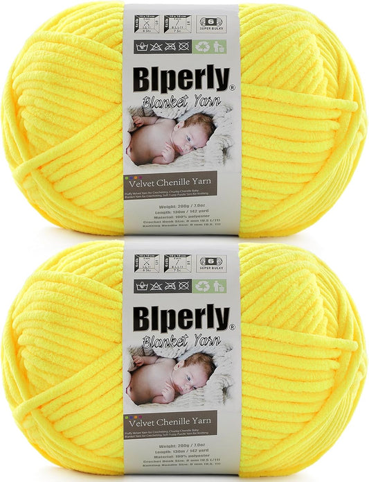6 Super Bulky Velvet Chenille Yarn for Crocheting - 2 Skein of 200g/7 oz - Ultra Soft Heavy Weight Chunky Knitting Yarn for Baby Blankets, Amigurumi, Home Decor（Butter Yellow，2 Skein）