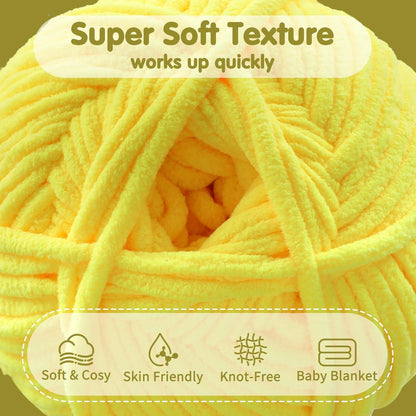 6 Super Bulky Velvet Chenille Yarn for Crocheting - 2 Skein of 200g/7 oz - Ultra Soft Heavy Weight Chunky Knitting Yarn for Baby Blankets, Amigurumi, Home Decor（Butter Yellow，2 Skein）