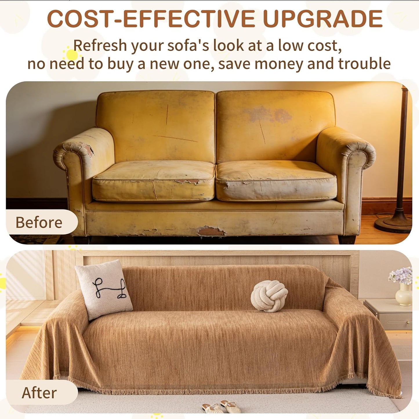 Couch Covers for Dogs, Boho Sofa Cover for 3 Cushion Couch Washable | Loveseat Slipcovers Pet L Shape Sectional Sofa Protector, Couch Cover Blanket, Vertical Slub Chenille, Yellow, 71"x118"