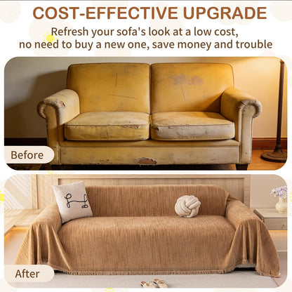 Couch Covers for Dogs, Boho Sofa Cover for 3 Cushion Couch Washable | Loveseat Slipcovers Pet L Shape Sectional Sofa Protector, Couch Cover Blanket, Vertical Slub Chenille, Yellow, 71"x118"