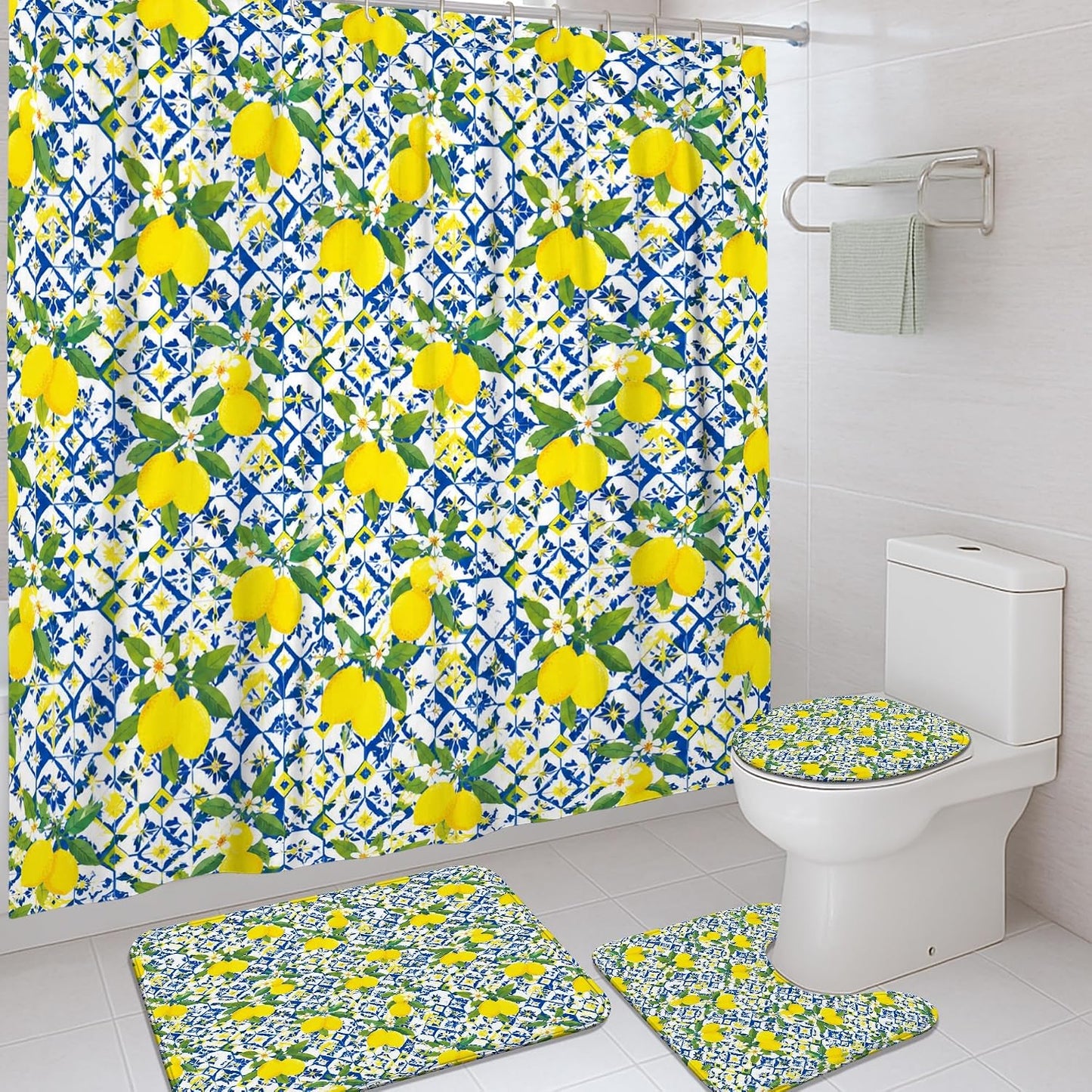 Lemon Shower Curtain Sets, Summer Tropical Flower Leaf Summer Yellow Waterproof Fabric Bathroom Bathtub Shower Curtain Sets with Rugs Decorative for Toile Guest Room 72x72 Inch