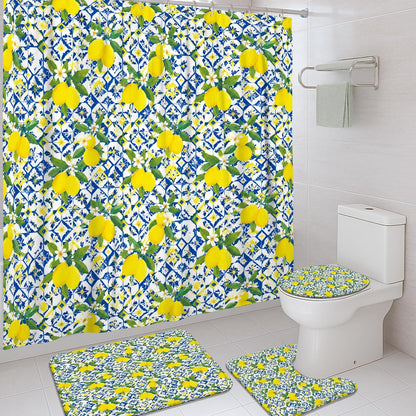 Lemon Shower Curtain Sets, Summer Tropical Flower Leaf Summer Yellow Waterproof Fabric Bathroom Bathtub Shower Curtain Sets with Rugs Decorative for Toile Guest Room 72x72 Inch