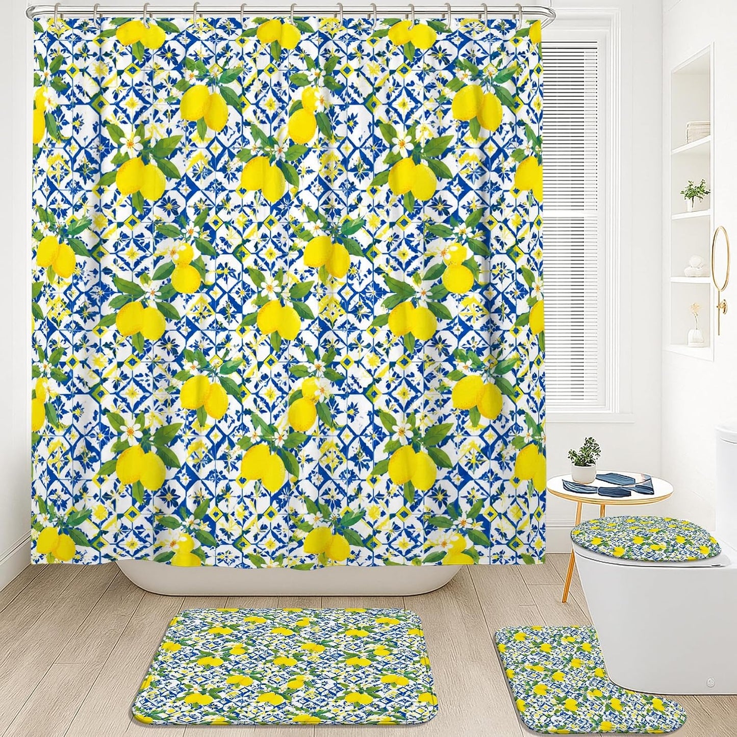 Lemon Shower Curtain Sets, Summer Tropical Flower Leaf Summer Yellow Waterproof Fabric Bathroom Bathtub Shower Curtain Sets with Rugs Decorative for Toile Guest Room 72x72 Inch