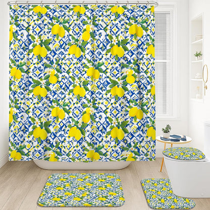 Lemon Shower Curtain Sets, Summer Tropical Flower Leaf Summer Yellow Waterproof Fabric Bathroom Bathtub Shower Curtain Sets with Rugs Decorative for Toile Guest Room 72x72 Inch