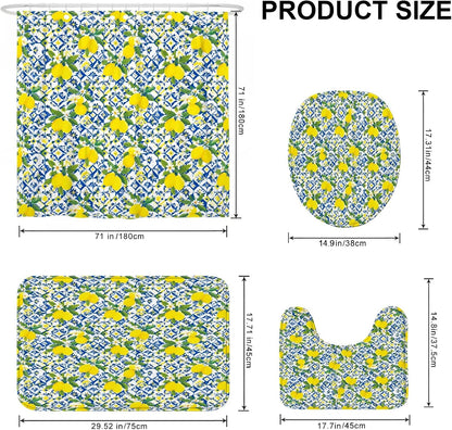 Lemon Shower Curtain Sets, Summer Tropical Flower Leaf Summer Yellow Waterproof Fabric Bathroom Bathtub Shower Curtain Sets with Rugs Decorative for Toile Guest Room 72x72 Inch