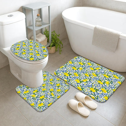 Lemon Shower Curtain Sets, Summer Tropical Flower Leaf Summer Yellow Waterproof Fabric Bathroom Bathtub Shower Curtain Sets with Rugs Decorative for Toile Guest Room 72x72 Inch