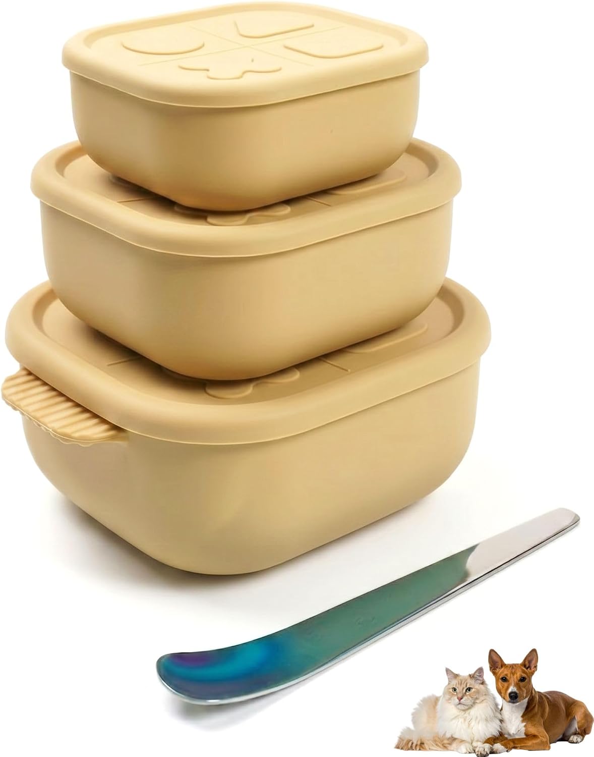 3-Piece Silicone Pet Food Storage Bowl Set (Yellow) with lids, Includes a 304 Stainless Steel Spoon - 22oz,13oz,7oz -Reusable Food-Grade Bowls for Cat & Dog - Fridge, Microwave & Dishwasher Safe