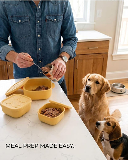 3-Piece Silicone Pet Food Storage Bowl Set (Yellow) with lids, Includes a 304 Stainless Steel Spoon - 22oz,13oz,7oz -Reusable Food-Grade Bowls for Cat & Dog - Fridge, Microwave & Dishwasher Safe