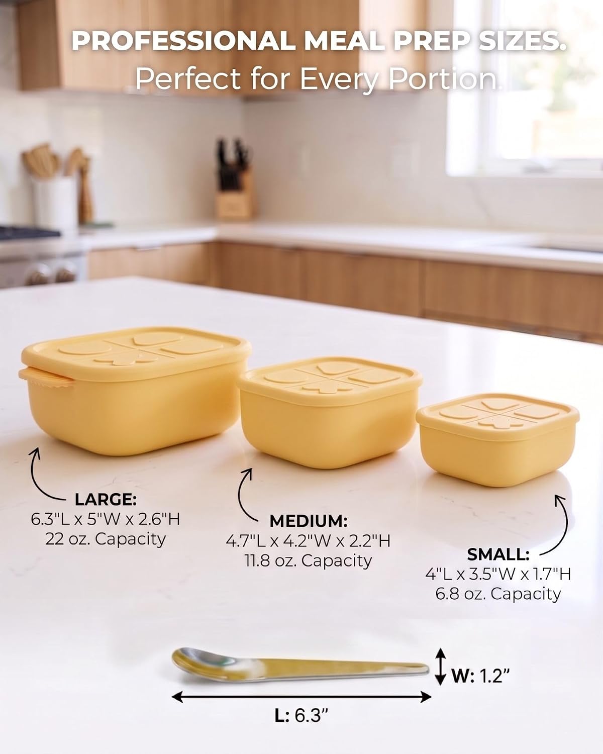 3-Piece Silicone Pet Food Storage Bowl Set (Yellow) with lids, Includes a 304 Stainless Steel Spoon - 22oz,13oz,7oz -Reusable Food-Grade Bowls for Cat & Dog - Fridge, Microwave & Dishwasher Safe