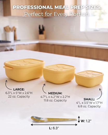 3-Piece Silicone Pet Food Storage Bowl Set (Yellow) with lids, Includes a 304 Stainless Steel Spoon - 22oz,13oz,7oz -Reusable Food-Grade Bowls for Cat & Dog - Fridge, Microwave & Dishwasher Safe