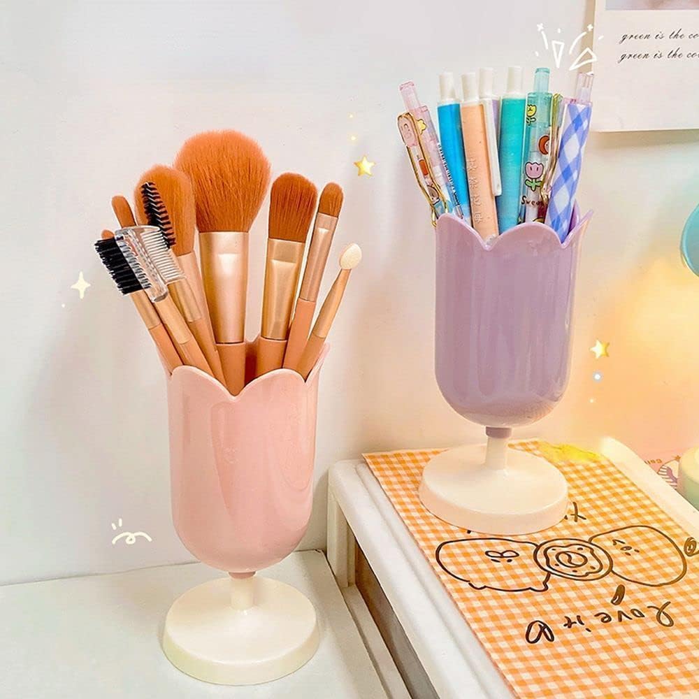 Pen Holder for Desk, Plastic Tulip Pen Holder Girl Small Makeup Box Cute Stationery Organizer Pencil Stand Case Pencil Cups Desktop Decoration Pencil Holders Office and School Supplies (Yellow)