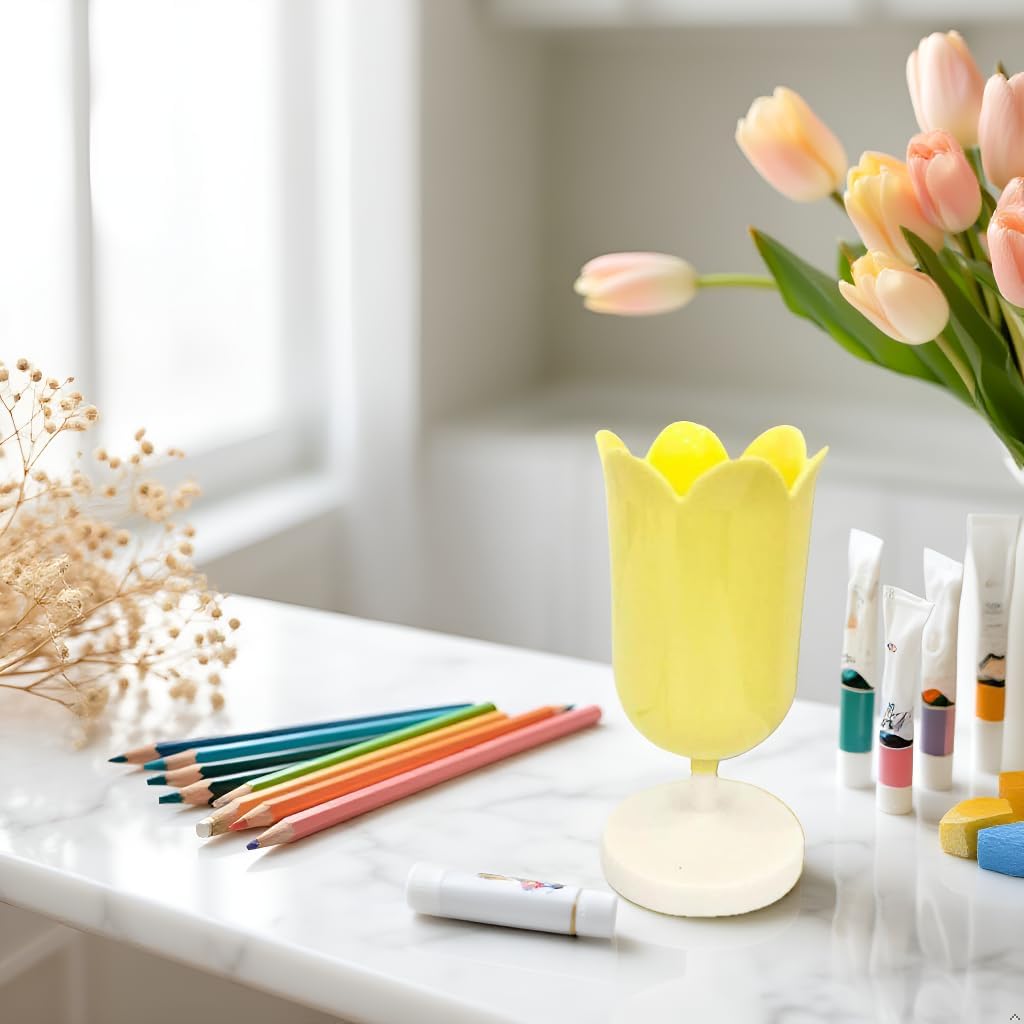 Pen Holder for Desk, Plastic Tulip Pen Holder Girl Small Makeup Box Cute Stationery Organizer Pencil Stand Case Pencil Cups Desktop Decoration Pencil Holders Office and School Supplies (Yellow)
