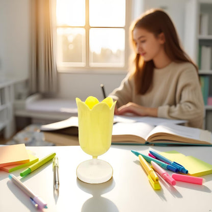 Pen Holder for Desk, Plastic Tulip Pen Holder Girl Small Makeup Box Cute Stationery Organizer Pencil Stand Case Pencil Cups Desktop Decoration Pencil Holders Office and School Supplies (Yellow)