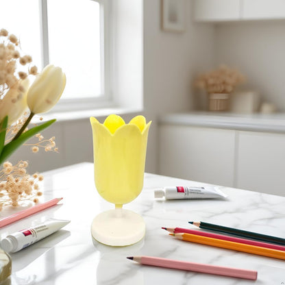 Pen Holder for Desk, Plastic Tulip Pen Holder Girl Small Makeup Box Cute Stationery Organizer Pencil Stand Case Pencil Cups Desktop Decoration Pencil Holders Office and School Supplies (Yellow)