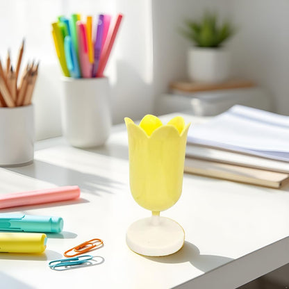 Pen Holder for Desk, Plastic Tulip Pen Holder Girl Small Makeup Box Cute Stationery Organizer Pencil Stand Case Pencil Cups Desktop Decoration Pencil Holders Office and School Supplies (Yellow)