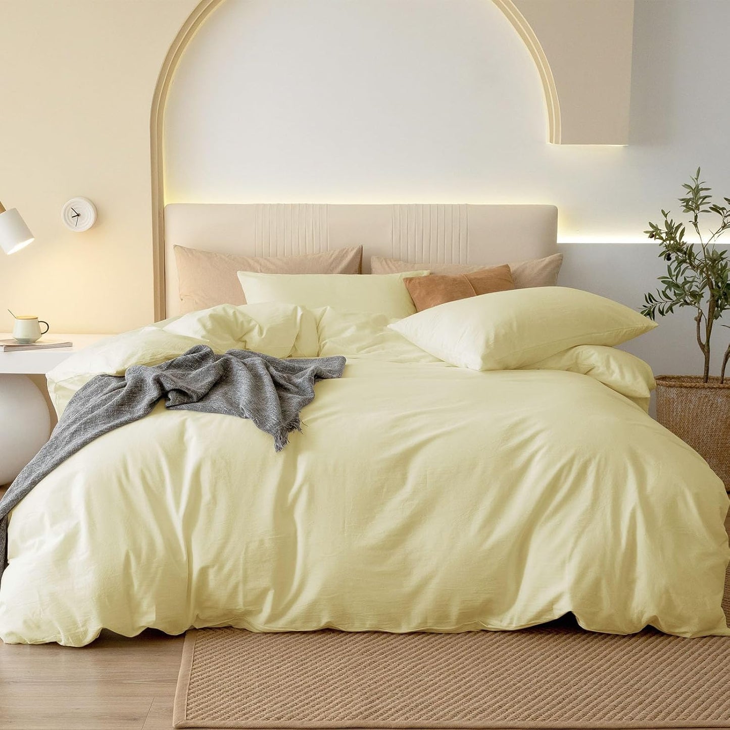 JIYUAN Twin Size Duvet Cover Set, 2-Piece - 100% Washed Cotton, Linen-Like Soft & Breathable with Zipper Closure, Includes 68x90 Inch Cover & 1 Pillowcase, Solid Light Yellow
