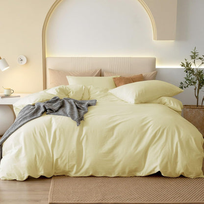 JIYUAN Twin Size Duvet Cover Set, 2-Piece - 100% Washed Cotton, Linen-Like Soft & Breathable with Zipper Closure, Includes 68x90 Inch Cover & 1 Pillowcase, Solid Light Yellow