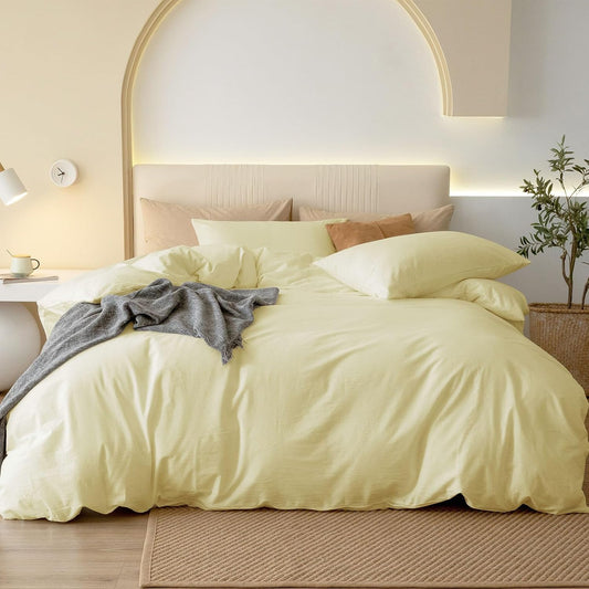 JIYUAN Twin Size Duvet Cover Set, 2-Piece - 100% Washed Cotton, Linen-Like Soft & Breathable with Zipper Closure, Includes 68x90 Inch Cover & 1 Pillowcase, Solid Light Yellow