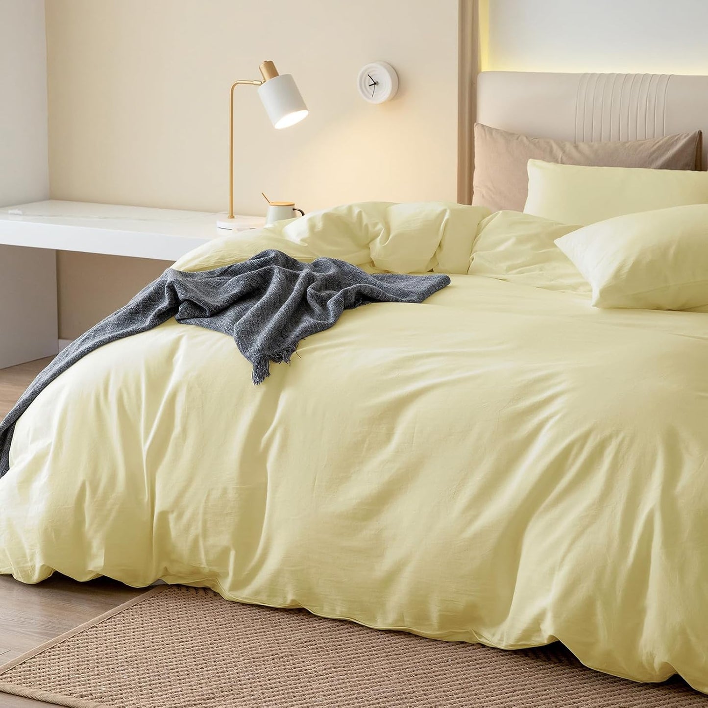 JIYUAN Twin Size Duvet Cover Set, 2-Piece - 100% Washed Cotton, Linen-Like Soft & Breathable with Zipper Closure, Includes 68x90 Inch Cover & 1 Pillowcase, Solid Light Yellow