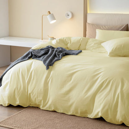 JIYUAN Twin Size Duvet Cover Set, 2-Piece - 100% Washed Cotton, Linen-Like Soft & Breathable with Zipper Closure, Includes 68x90 Inch Cover & 1 Pillowcase, Solid Light Yellow