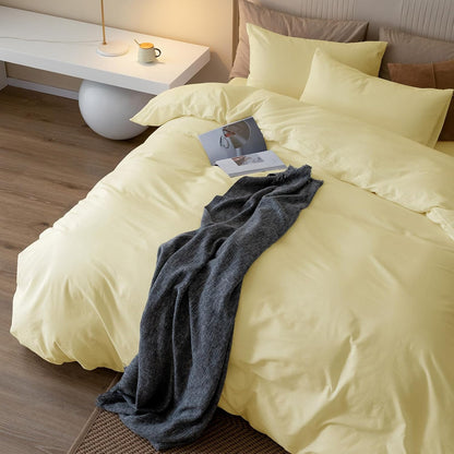 JIYUAN Twin Size Duvet Cover Set, 2-Piece - 100% Washed Cotton, Linen-Like Soft & Breathable with Zipper Closure, Includes 68x90 Inch Cover & 1 Pillowcase, Solid Light Yellow
