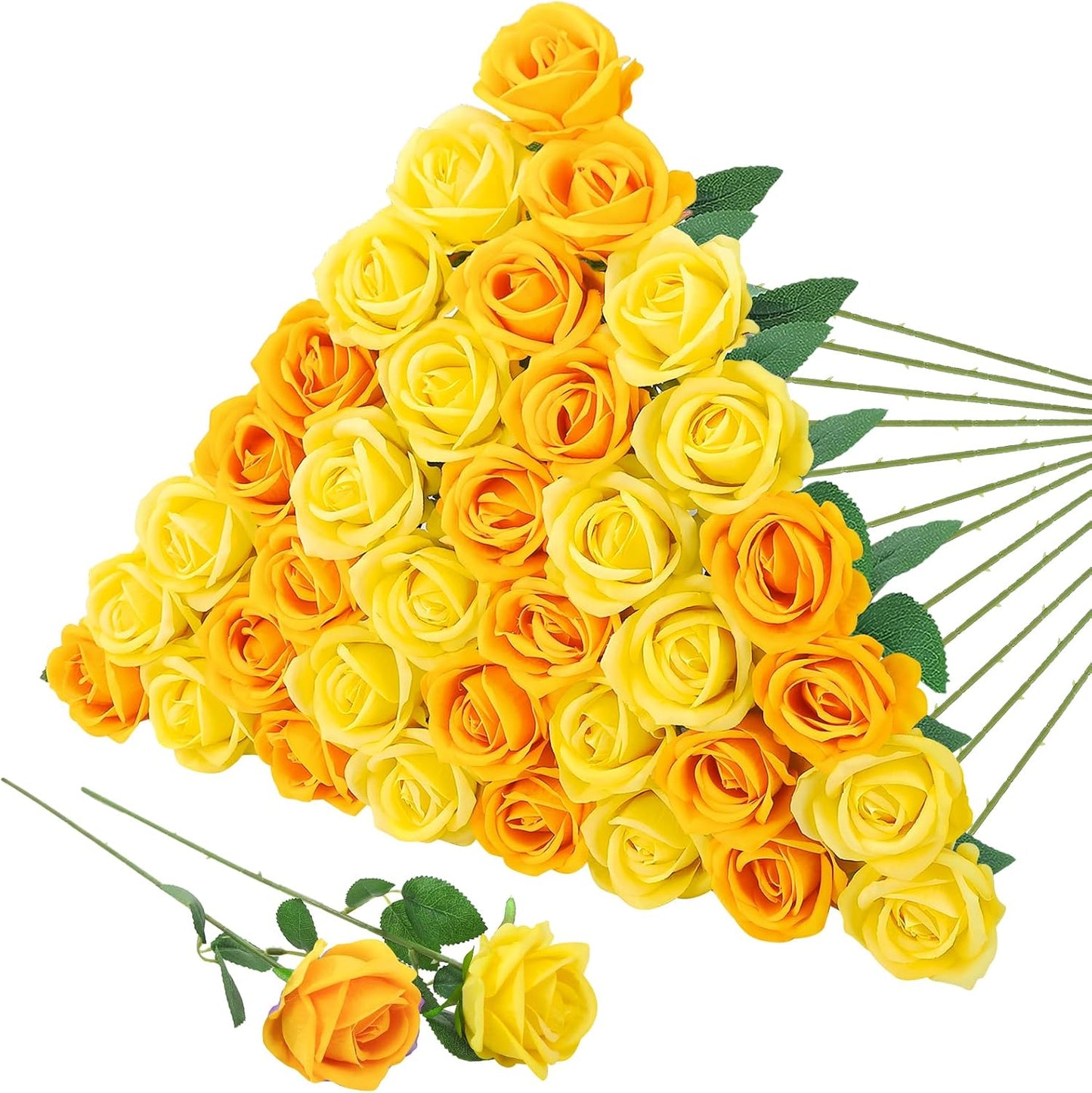 36 Pcs Velvet Texture Yellow Artificial Flowers Bridal Bouquet | Fake Rose Long Stem Realistic Flowers Bulk for Valentine's Day Wedding Bouquet Ball Arrangement Centerpiece Party
