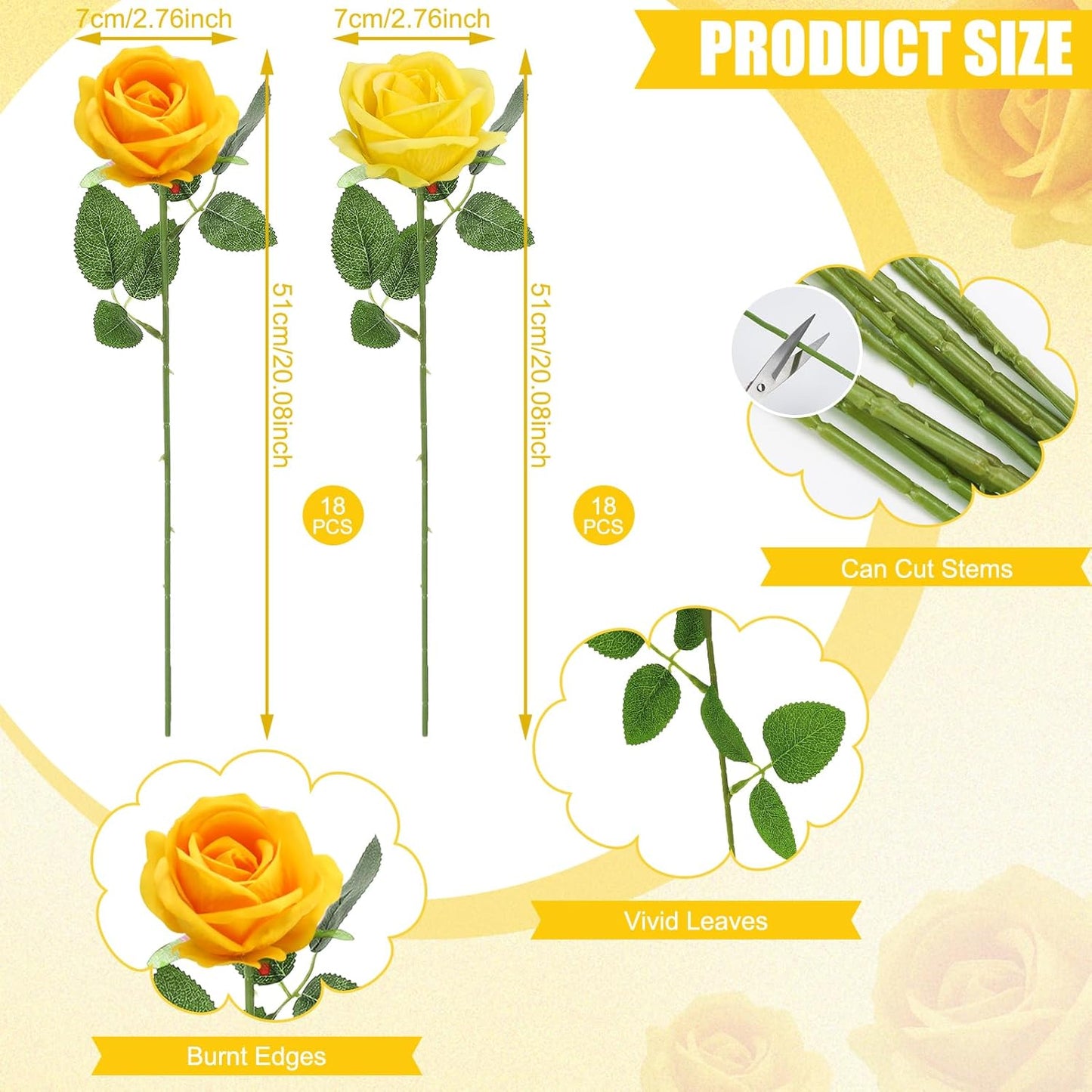 36 Pcs Velvet Texture Yellow Artificial Flowers Bridal Bouquet | Fake Rose Long Stem Realistic Flowers Bulk for Valentine's Day Wedding Bouquet Ball Arrangement Centerpiece Party