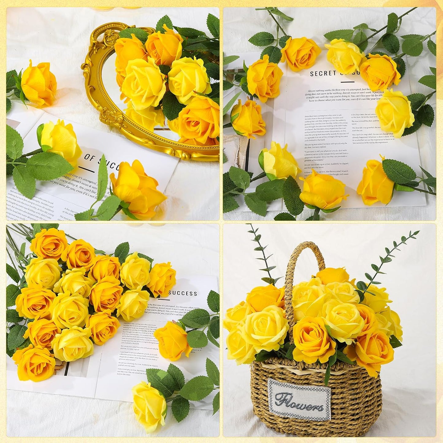 36 Pcs Velvet Texture Yellow Artificial Flowers Bridal Bouquet | Fake Rose Long Stem Realistic Flowers Bulk for Valentine's Day Wedding Bouquet Ball Arrangement Centerpiece Party