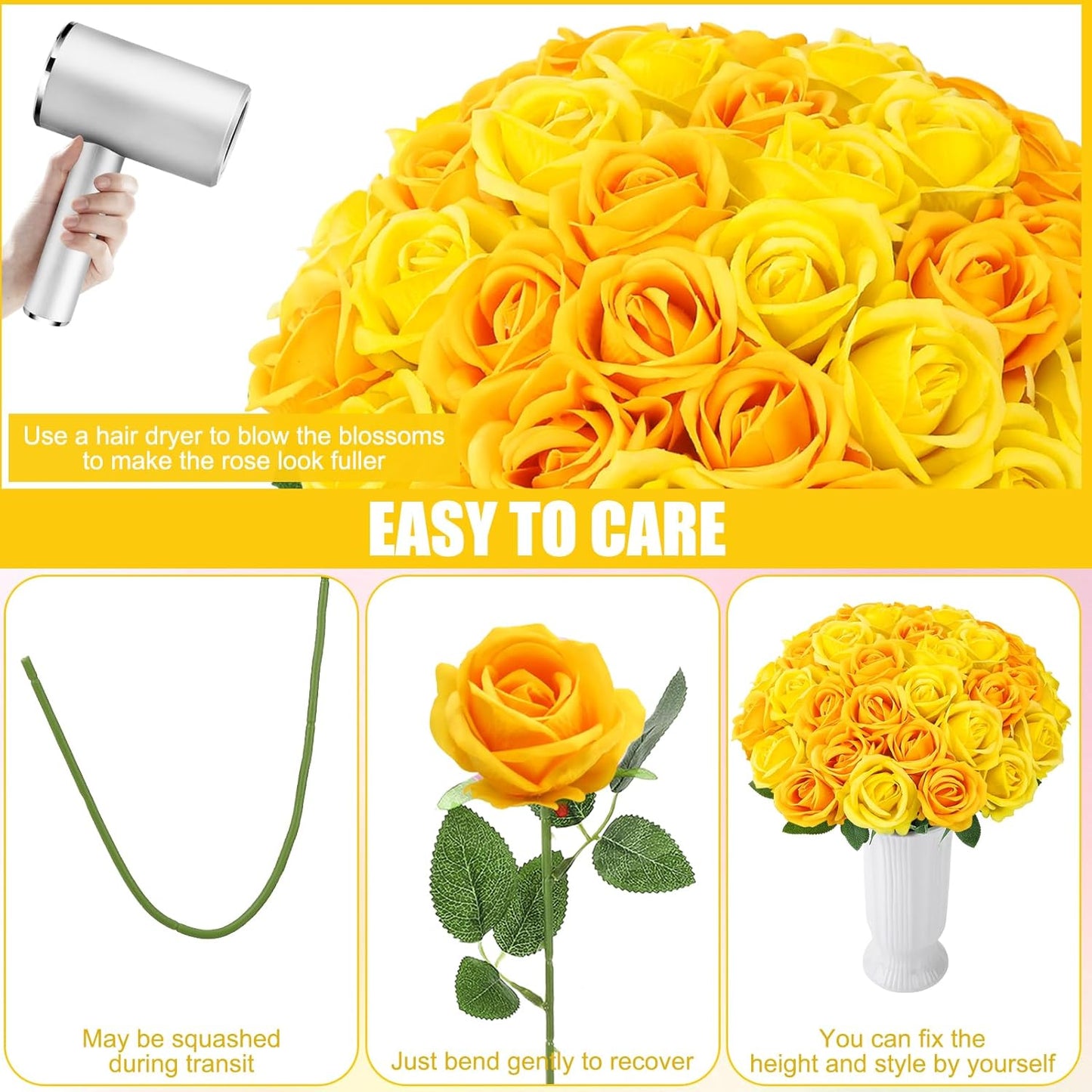 36 Pcs Velvet Texture Yellow Artificial Flowers Bridal Bouquet | Fake Rose Long Stem Realistic Flowers Bulk for Valentine's Day Wedding Bouquet Ball Arrangement Centerpiece Party