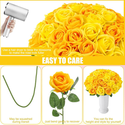 36 Pcs Velvet Texture Yellow Artificial Flowers Bridal Bouquet | Fake Rose Long Stem Realistic Flowers Bulk for Valentine's Day Wedding Bouquet Ball Arrangement Centerpiece Party