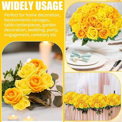 36 Pcs Velvet Texture Yellow Artificial Flowers Bridal Bouquet | Fake Rose Long Stem Realistic Flowers Bulk for Valentine's Day Wedding Bouquet Ball Arrangement Centerpiece Party