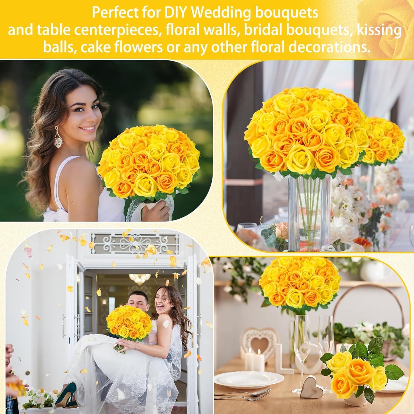 36 Pcs Velvet Texture Yellow Artificial Flowers Bridal Bouquet | Fake Rose Long Stem Realistic Flowers Bulk for Valentine's Day Wedding Bouquet Ball Arrangement Centerpiece Party