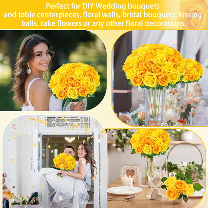 36 Pcs Velvet Texture Yellow Artificial Flowers Bridal Bouquet | Fake Rose Long Stem Realistic Flowers Bulk for Valentine's Day Wedding Bouquet Ball Arrangement Centerpiece Party