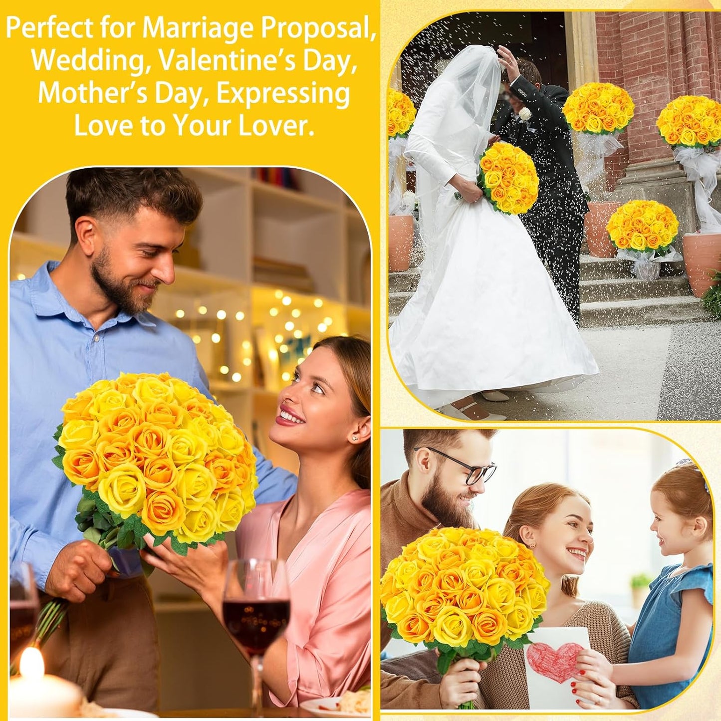 36 Pcs Velvet Texture Yellow Artificial Flowers Bridal Bouquet | Fake Rose Long Stem Realistic Flowers Bulk for Valentine's Day Wedding Bouquet Ball Arrangement Centerpiece Party