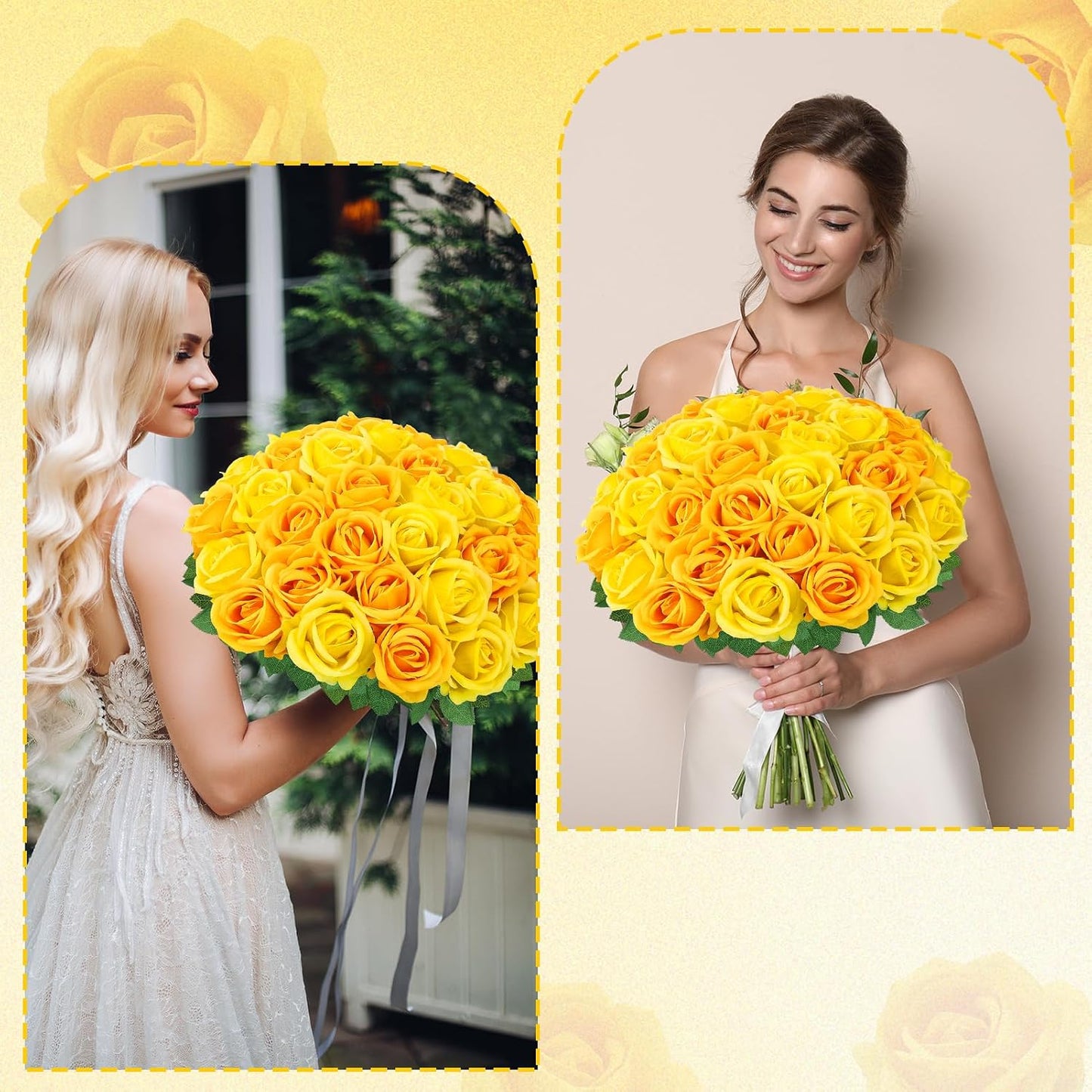 36 Pcs Velvet Texture Yellow Artificial Flowers Bridal Bouquet | Fake Rose Long Stem Realistic Flowers Bulk for Valentine's Day Wedding Bouquet Ball Arrangement Centerpiece Party