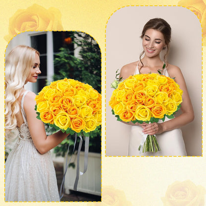 36 Pcs Velvet Texture Yellow Artificial Flowers Bridal Bouquet | Fake Rose Long Stem Realistic Flowers Bulk for Valentine's Day Wedding Bouquet Ball Arrangement Centerpiece Party