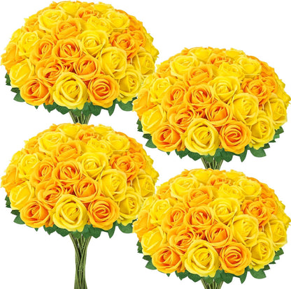 36 Pcs Velvet Texture Yellow Artificial Flowers Bridal Bouquet | Fake Rose Long Stem Realistic Flowers Bulk for Valentine's Day Wedding Bouquet Ball Arrangement Centerpiece Party