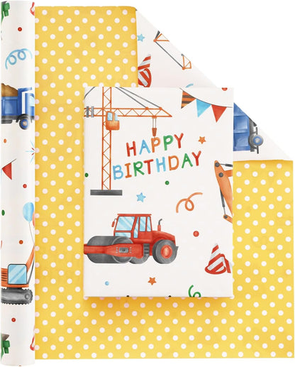 Construction Ink Wrapping Paper Roll - 33 ft Truck Tractor | Tractor Wrapping Paper Yellow Boy Birthday Wrapping Paper Construction Party Favor Gift Wrap, Reversible Polka Dot Design