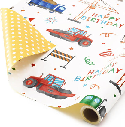 Construction Ink Wrapping Paper Roll - 33 ft Truck Tractor | Tractor Wrapping Paper Yellow Boy Birthday Wrapping Paper Construction Party Favor Gift Wrap, Reversible Polka Dot Design