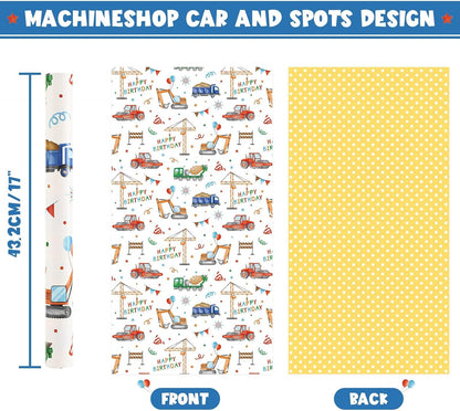 Construction Ink Wrapping Paper Roll - 33 ft Truck Tractor | Tractor Wrapping Paper Yellow Boy Birthday Wrapping Paper Construction Party Favor Gift Wrap, Reversible Polka Dot Design