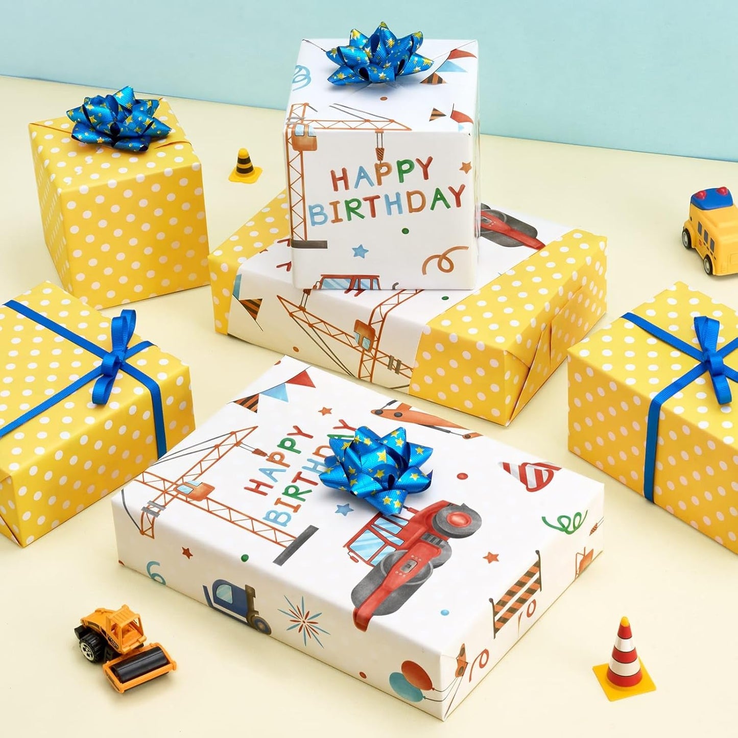 Construction Ink Wrapping Paper Roll - 33 ft Truck Tractor | Tractor Wrapping Paper Yellow Boy Birthday Wrapping Paper Construction Party Favor Gift Wrap, Reversible Polka Dot Design