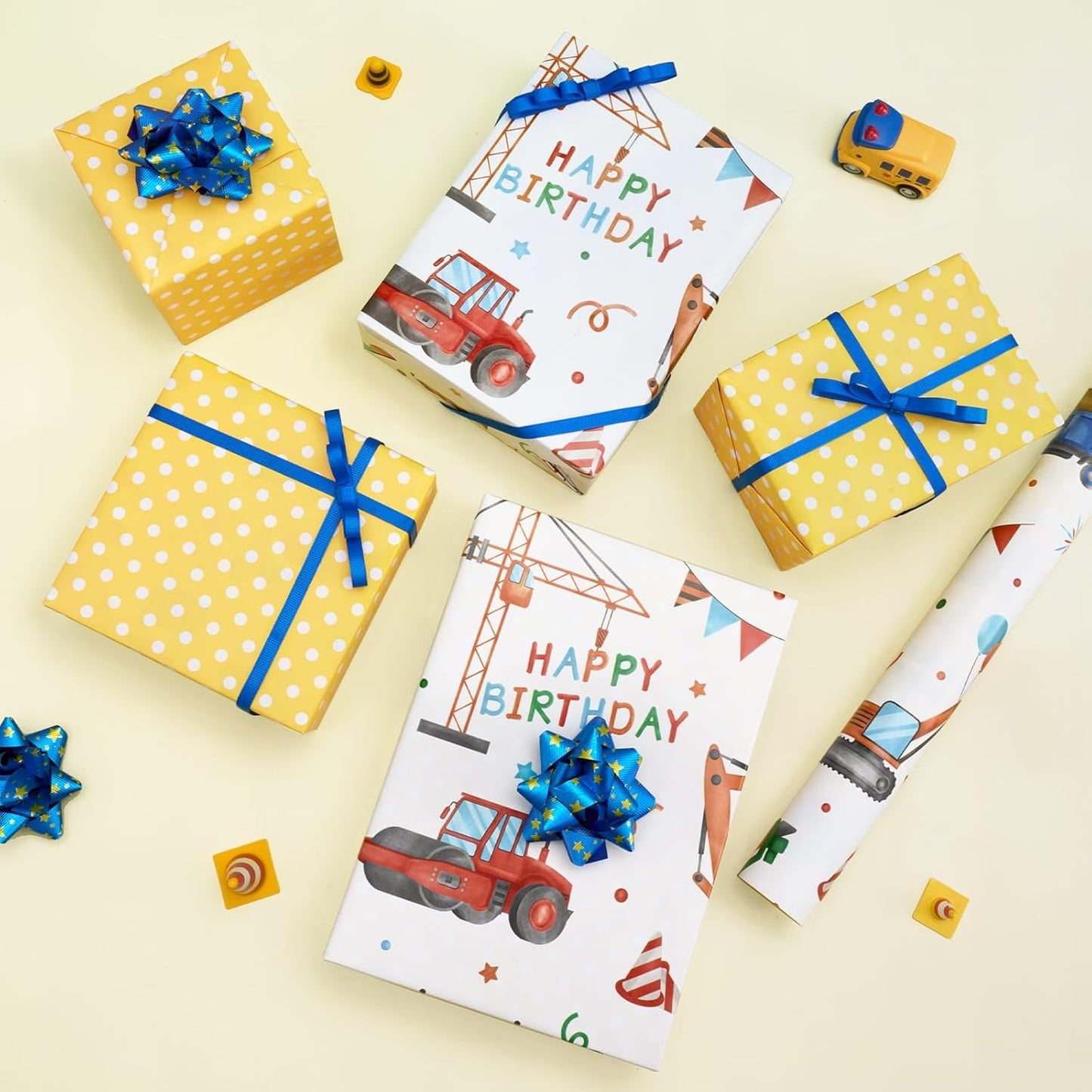 Construction Ink Wrapping Paper Roll - 33 ft Truck Tractor | Tractor Wrapping Paper Yellow Boy Birthday Wrapping Paper Construction Party Favor Gift Wrap, Reversible Polka Dot Design