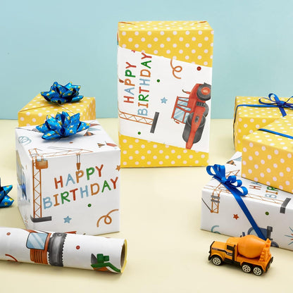 Construction Ink Wrapping Paper Roll - 33 ft Truck Tractor | Tractor Wrapping Paper Yellow Boy Birthday Wrapping Paper Construction Party Favor Gift Wrap, Reversible Polka Dot Design