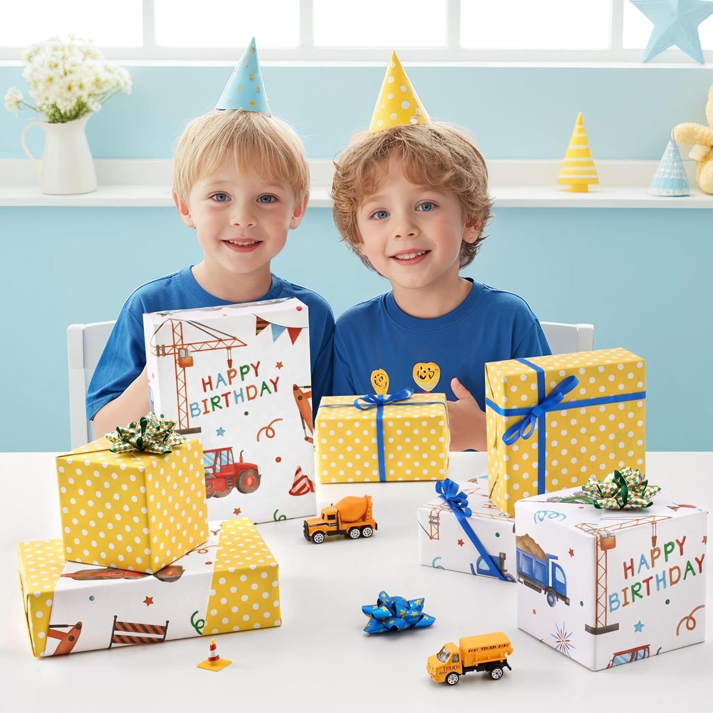 Construction Ink Wrapping Paper Roll - 33 ft Truck Tractor | Tractor Wrapping Paper Yellow Boy Birthday Wrapping Paper Construction Party Favor Gift Wrap, Reversible Polka Dot Design