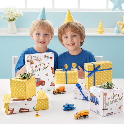 Construction Ink Wrapping Paper Roll - 33 ft Truck Tractor | Tractor Wrapping Paper Yellow Boy Birthday Wrapping Paper Construction Party Favor Gift Wrap, Reversible Polka Dot Design