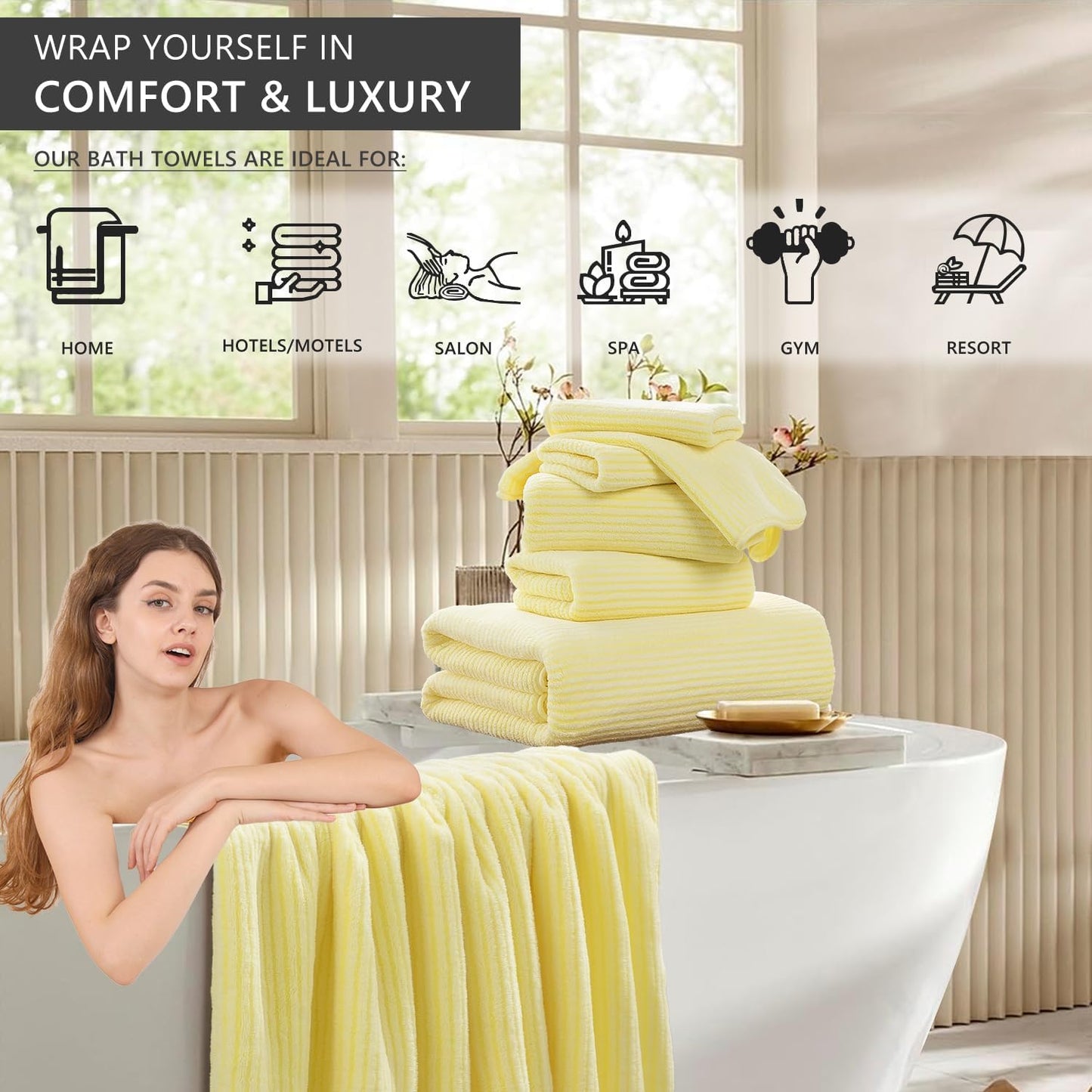 4 Piece Bath Towel Set 35"x70"Oversized Bath Towel for Bathroom Ultra Soft Fluffy Extra Large Bath Sheet Luxury Premium Bathroom Towel Highly Absorbent Quick Dry Shower Towel for Hotel Spa,Yellow