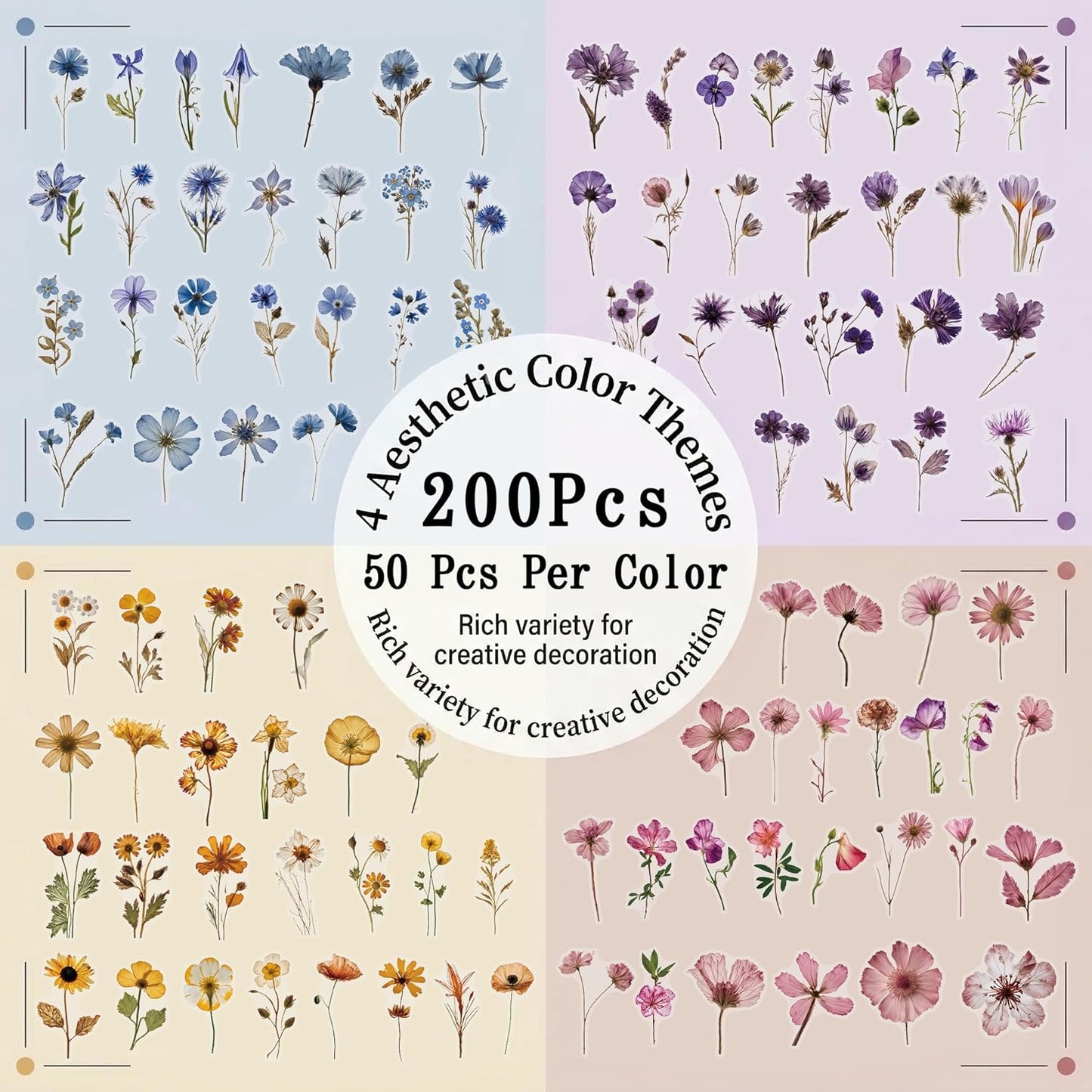 200 Pcs Dried Flower Stickers for Scrapbook Supplies, Pressed Flower Stickers Natural Floral Botanical Decals for Junk Journal Supplies, Scrapbook Stickers, Bullet Journals, Planner, Resin Art