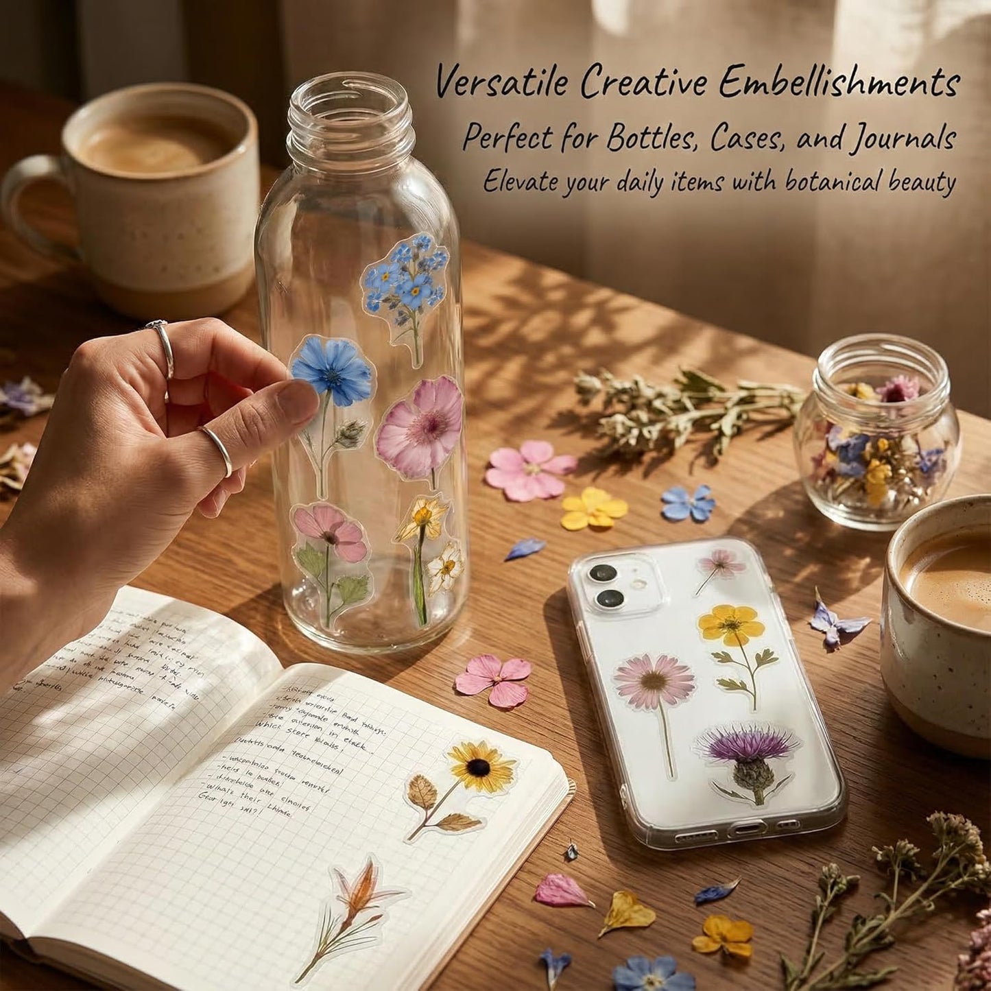 200 Pcs Dried Flower Stickers for Scrapbook Supplies, Pressed Flower Stickers Natural Floral Botanical Decals for Junk Journal Supplies, Scrapbook Stickers, Bullet Journals, Planner, Resin Art