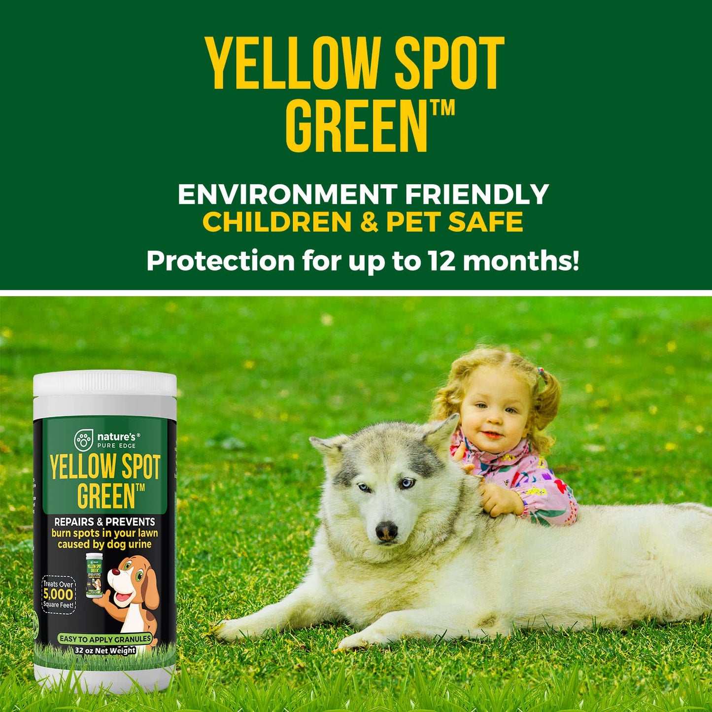 Yellow Spot Green™ Dog Urine Neutralizer for Lawns, Large 32 Ounce | Cures Urine Burns, Prevents Yellow Spots in Your Yard, Repair and Protect Grass from Dog Pee, Easy to Use Granules